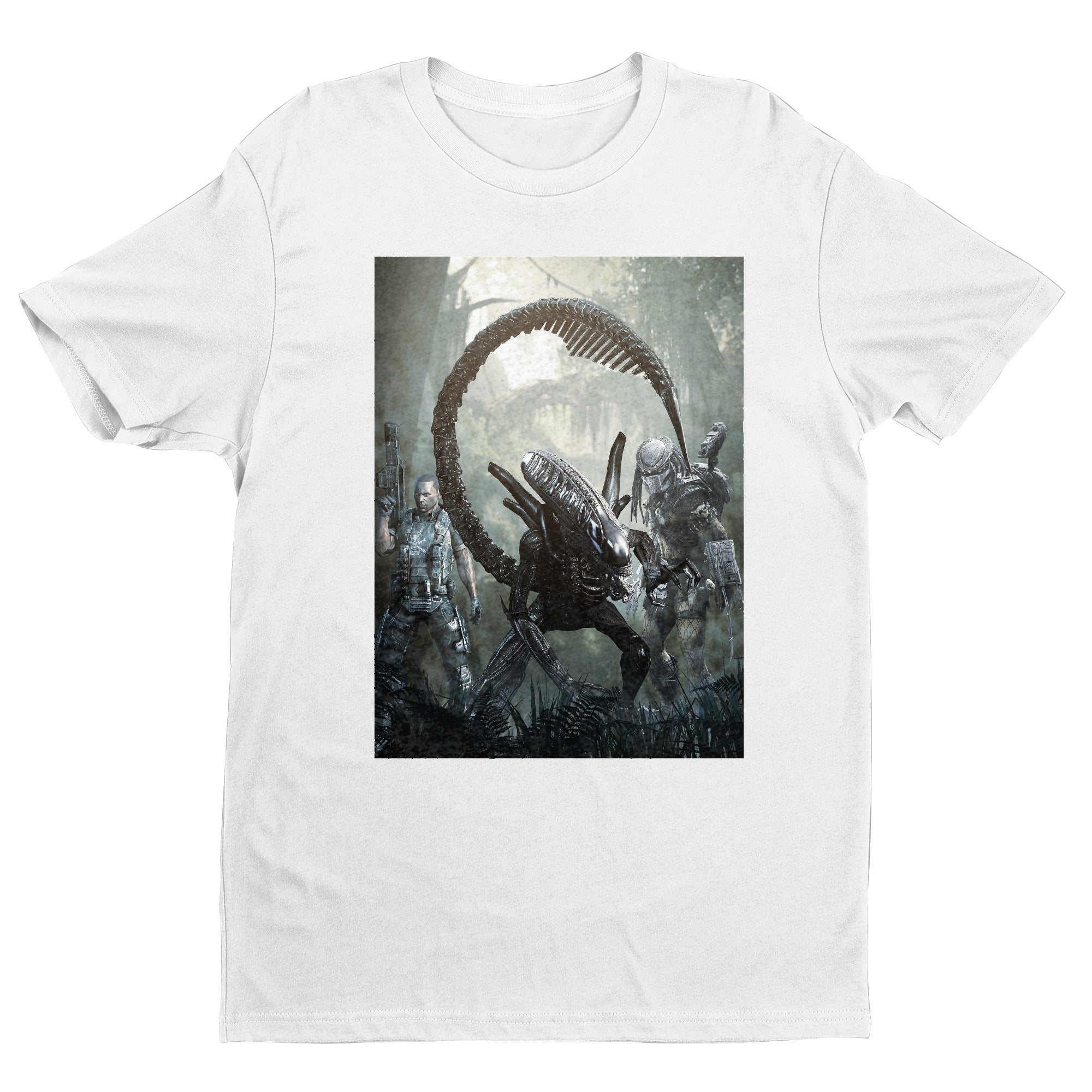 Aliens vs. Predator alien promo art tee — white unisex t-shirt, front view